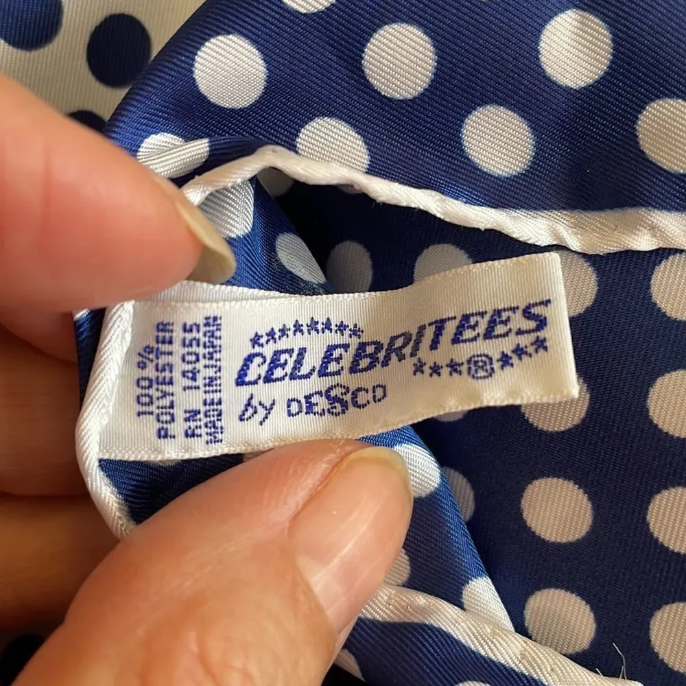 Vtg mid Century Celebrities by Desco blue & white polka‎ dot blocks square scarf